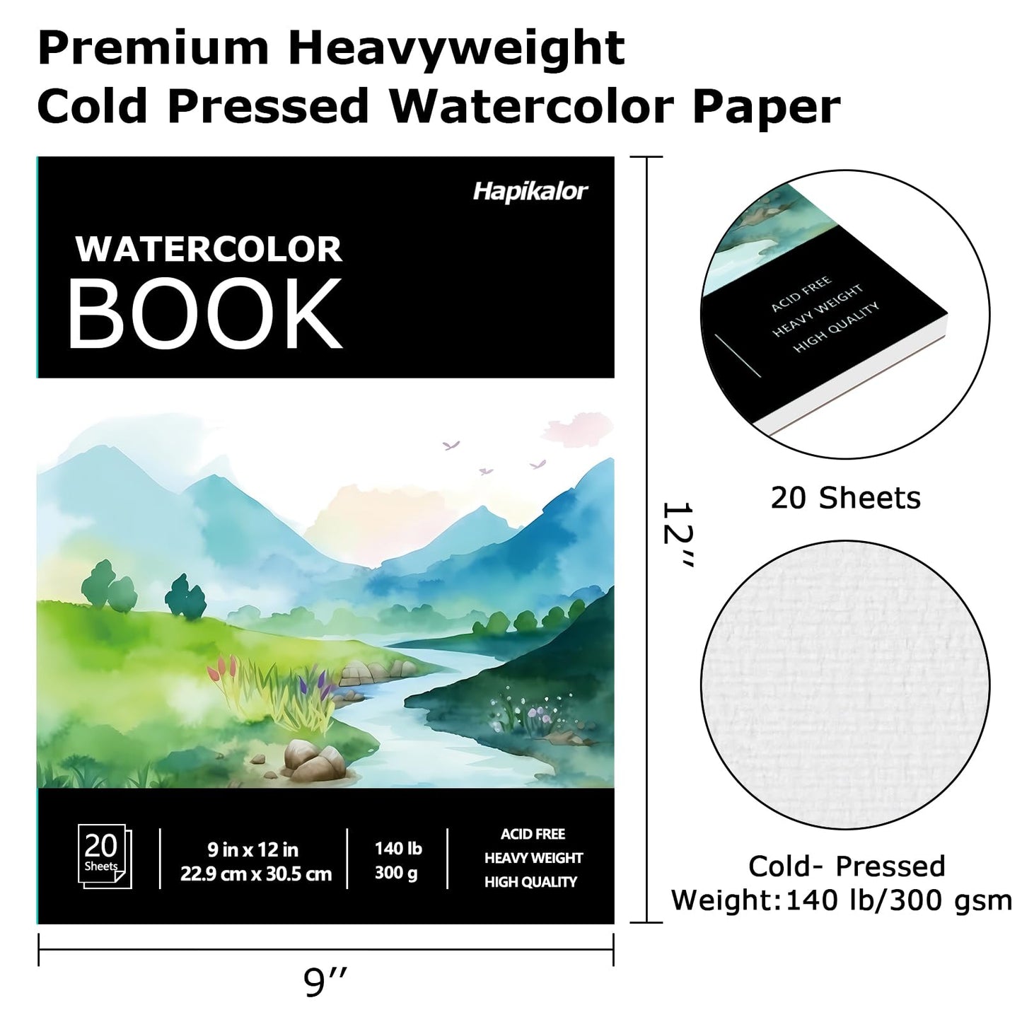 Hapikalor Watercolor Paper Pad, 9"x12" Water Color Paper, 140lb/300gsm Teal