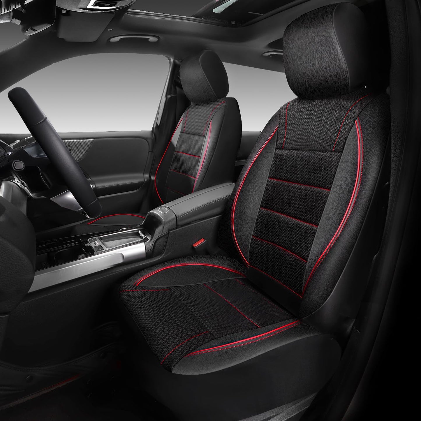 CAR PASS Universal FIT Piping Leather Car Seat Cover, for suvs,Van,Trucks,Airbag Compatible,Inside Zipper Design and Reserved Opening Holes (Full Set, Black and Red)