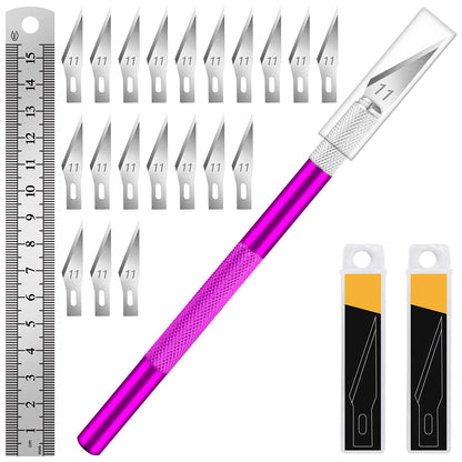 DIYSELF Exacto Knife Set with 10 Extra #11 Blades, 6-Inch Metal Ruler, Pink