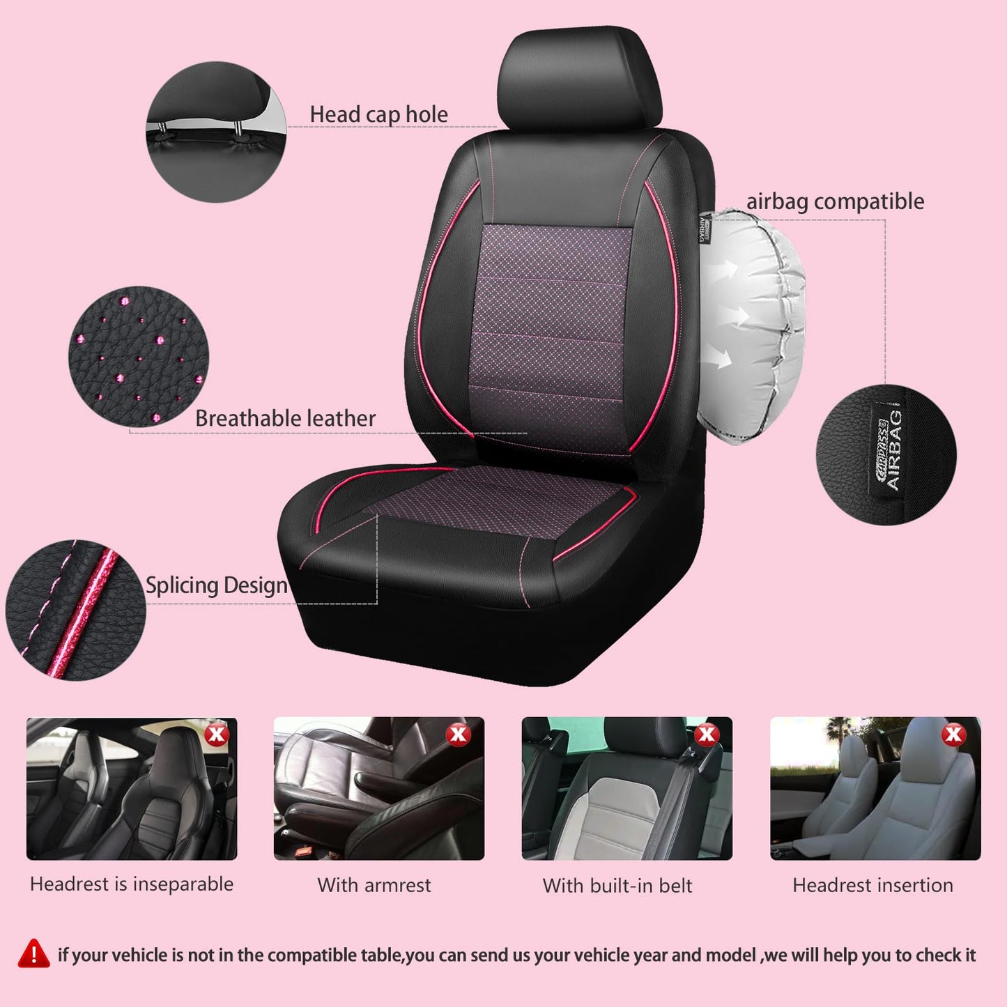 CAR PASS Universal FIT Piping Leather Car Seat Cover, for suvs,Van,Trucks,Airbag Compatible,Inside Zipper Design and Reserved Opening Holes (Full Set, Black and Red)