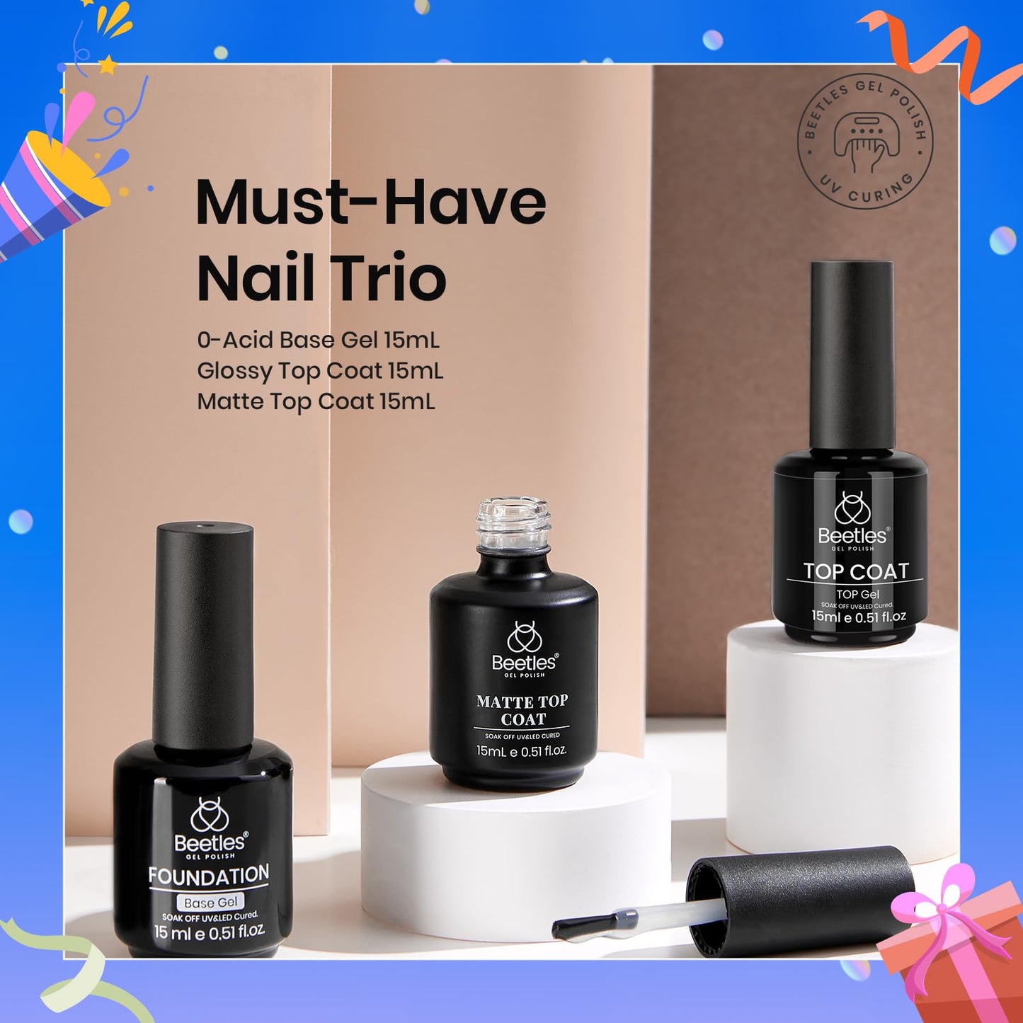 Beetles 2 Pcs 15ml No Wipe Gel Top Coat and Base Coat Set
