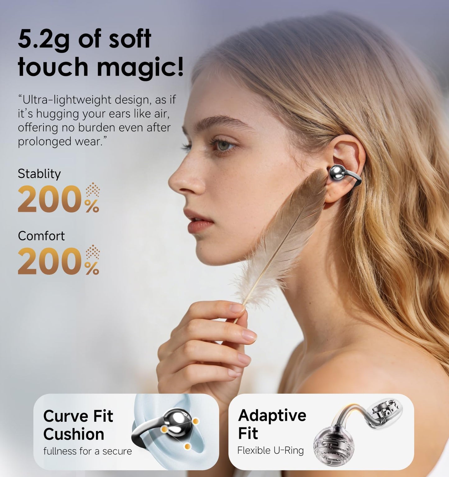King Lucky Clip-On Earbuds Gen 3, Open-Ear Wireless Bluetooth 6.0 Headphones with Mic, Secure Fit for Small Ears & Glasses Wearers, 50H Playtime, ENC, IPX5 Waterproof Sport Ear Buds (Purple)