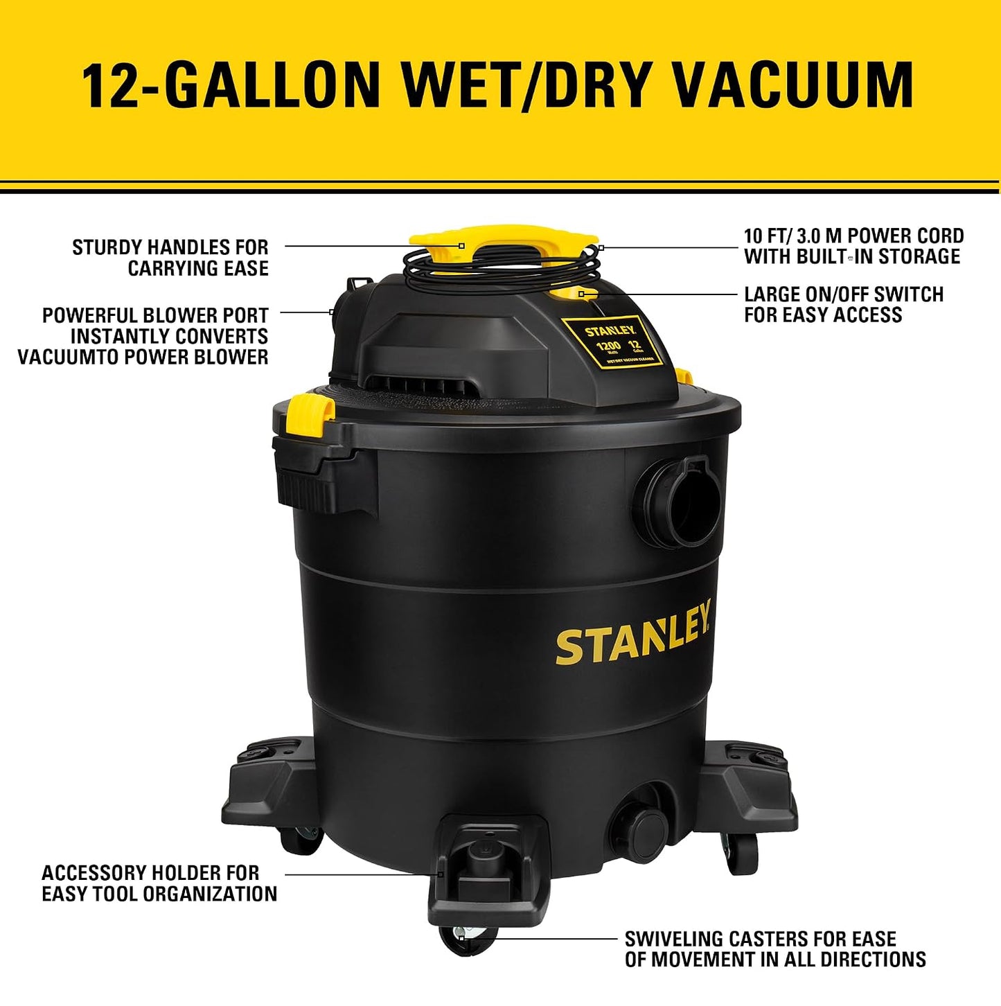 STANLEY Shop Vac SL18115P, 5 Gallon Peak 4 Horsepower Wet Dry Vacuums, Blower 3 in 1 Functions 15 Feet Cleaning Range for Garage, Carpet Clean, Shop Cleaning, Car Detailing with Attachments