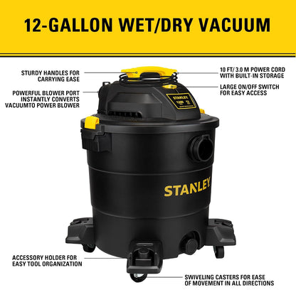 STANLEY Shop Vac SL18115P, 5 Gallon Peak 4 Horsepower Wet Dry Vacuums, Blower 3 in 1 Functions 15 Feet Cleaning Range for Garage, Carpet Clean, Shop Cleaning, Car Detailing with Attachments