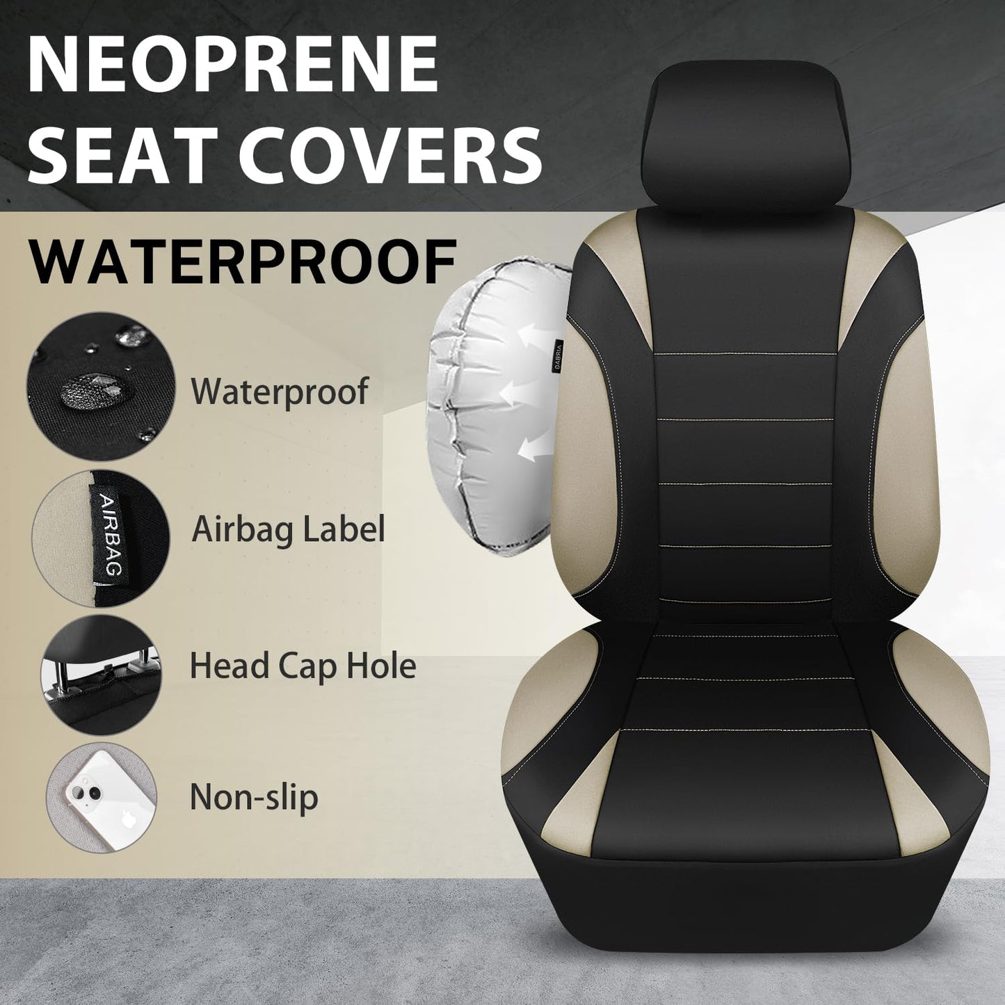 CAR PASS Waterproof Car Seat Covers Front Seats Only with 5mm Composite EVA, Neoprene Car Seat Cover with Separate Headrest Cover, Quick Setup Universal Fit for Car SUV Trucks,Airbag Compatible（Gray