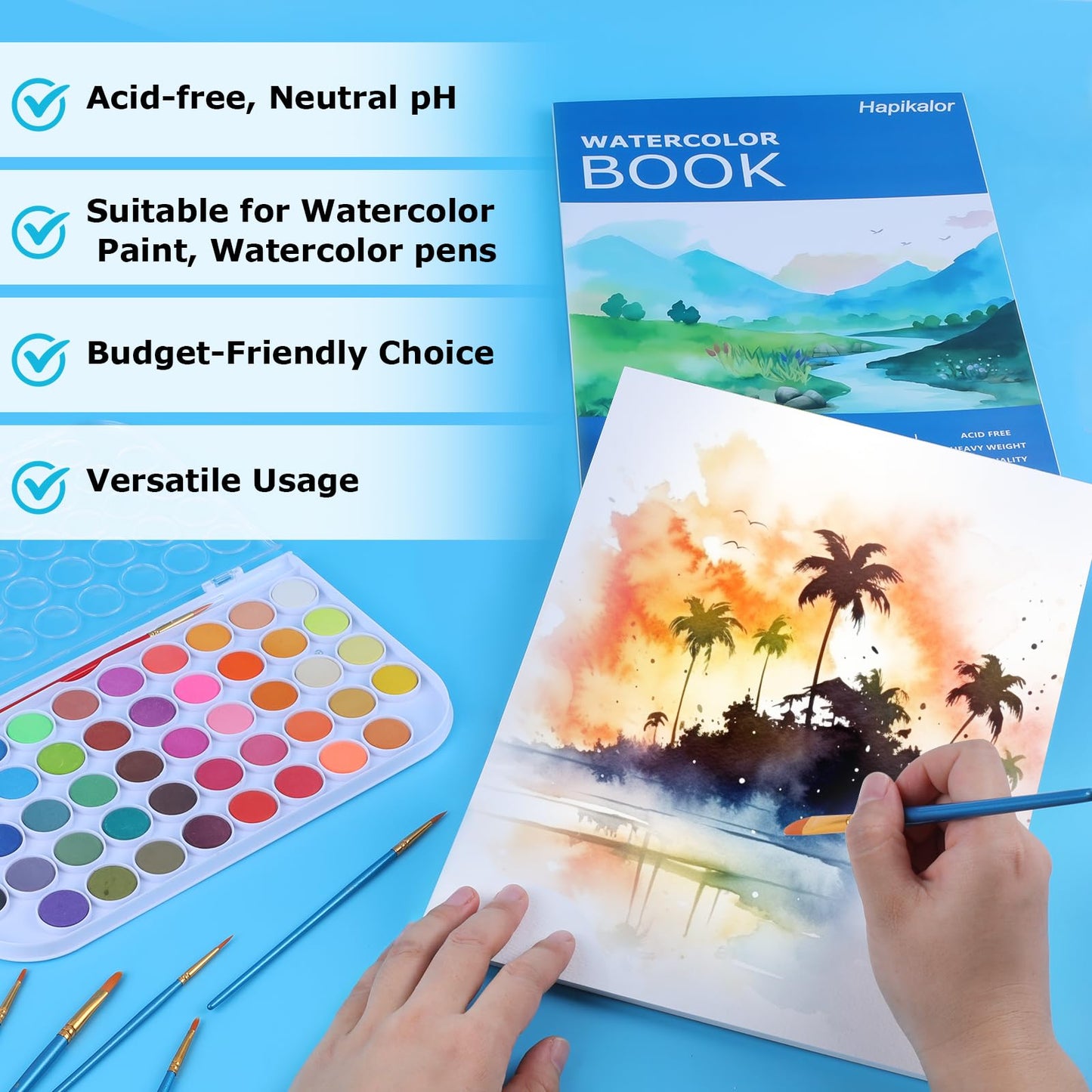 Hapikalor Watercolor Paper Pad, 9"x12" Water Color Paper, 140lb/300gsm Teal