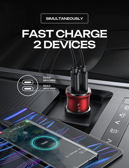 LISEN 90W USB C Car Charger USB C Fast Charge, 45W PD&QC 3.0 Fast Car Charger