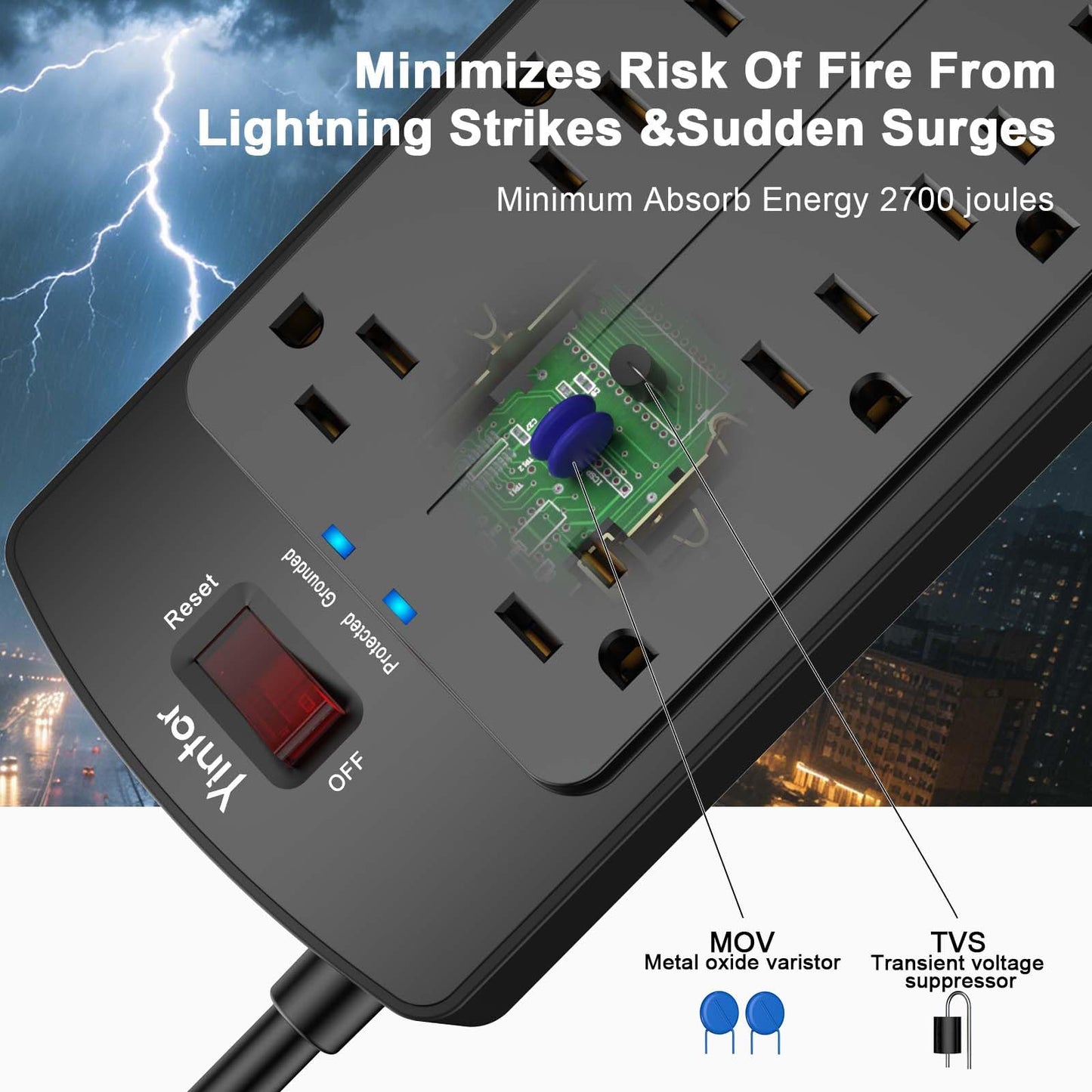Yintar 6Ft Surge Protector Power Strip with 8 Outlets and 4 USB Ports