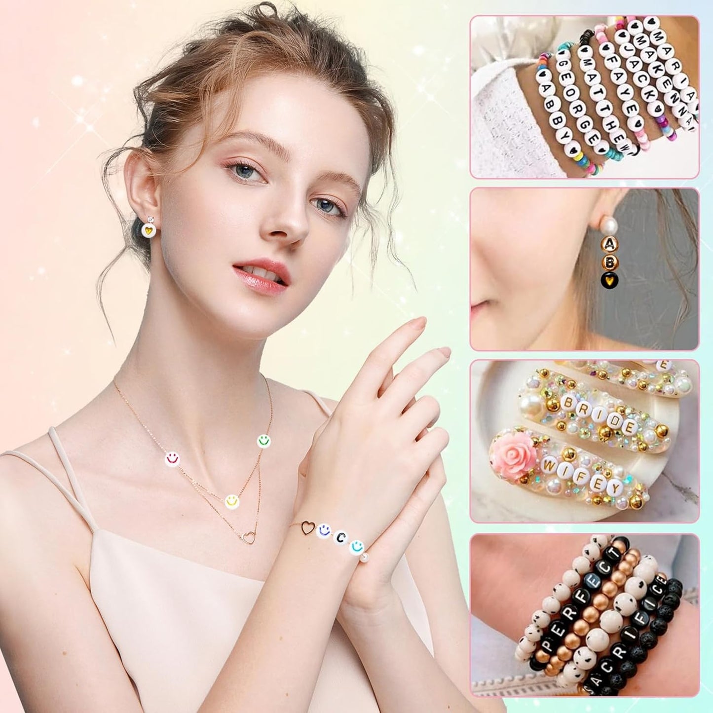 Looconi 810pcs Gold Letter Beads Square 6x6mm White Cube Acrylic Alphabet A-Z with Heart Pattern and Crystal Line for Jewelry Making
