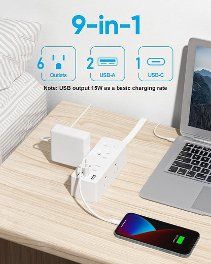 Olcorife Flat Plug Power Strip with 5 FT Extension Cord, 6 Outlets 3 USB Ports(1 USB C), 3 Sided Outlet Extender for Home Office Travel Dorm Room Essentials, White