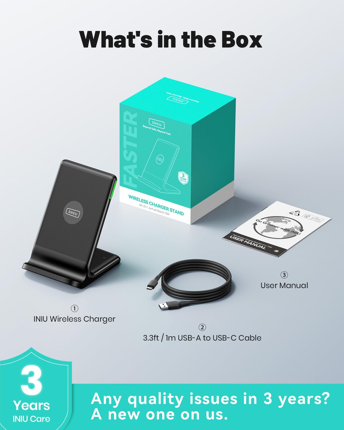 INIU Wireless Charger Station, 15W Fast Wireless Charging Stand for Official and Home Compatible with iPhone 17 16 15 14 13 12 Pro XS Samsung Galaxy S23 S22 S21 Note 20 Google etc