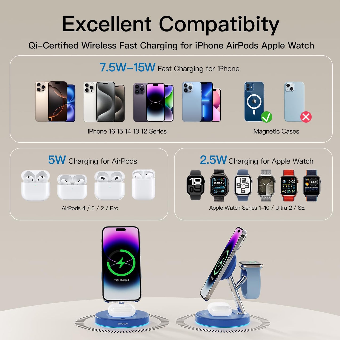 3 in 1 Mag-Safe Wireless Charger Stand for iPhone Apple Watch AirPods