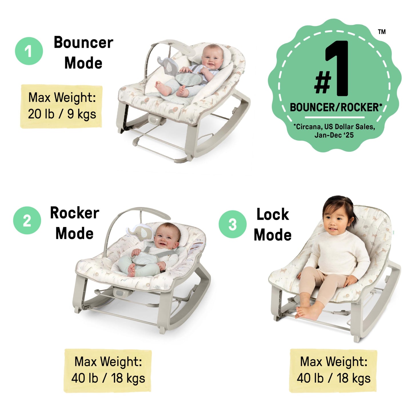 Ingenuity Keep Cozy 3-in-1 Grow with Me Vibrating Baby Bouncer, Seat & Infant to Toddler Rocker, Vibrations & -Toy Bar, 0-30 Months Up to 40 lbs (Weaver)