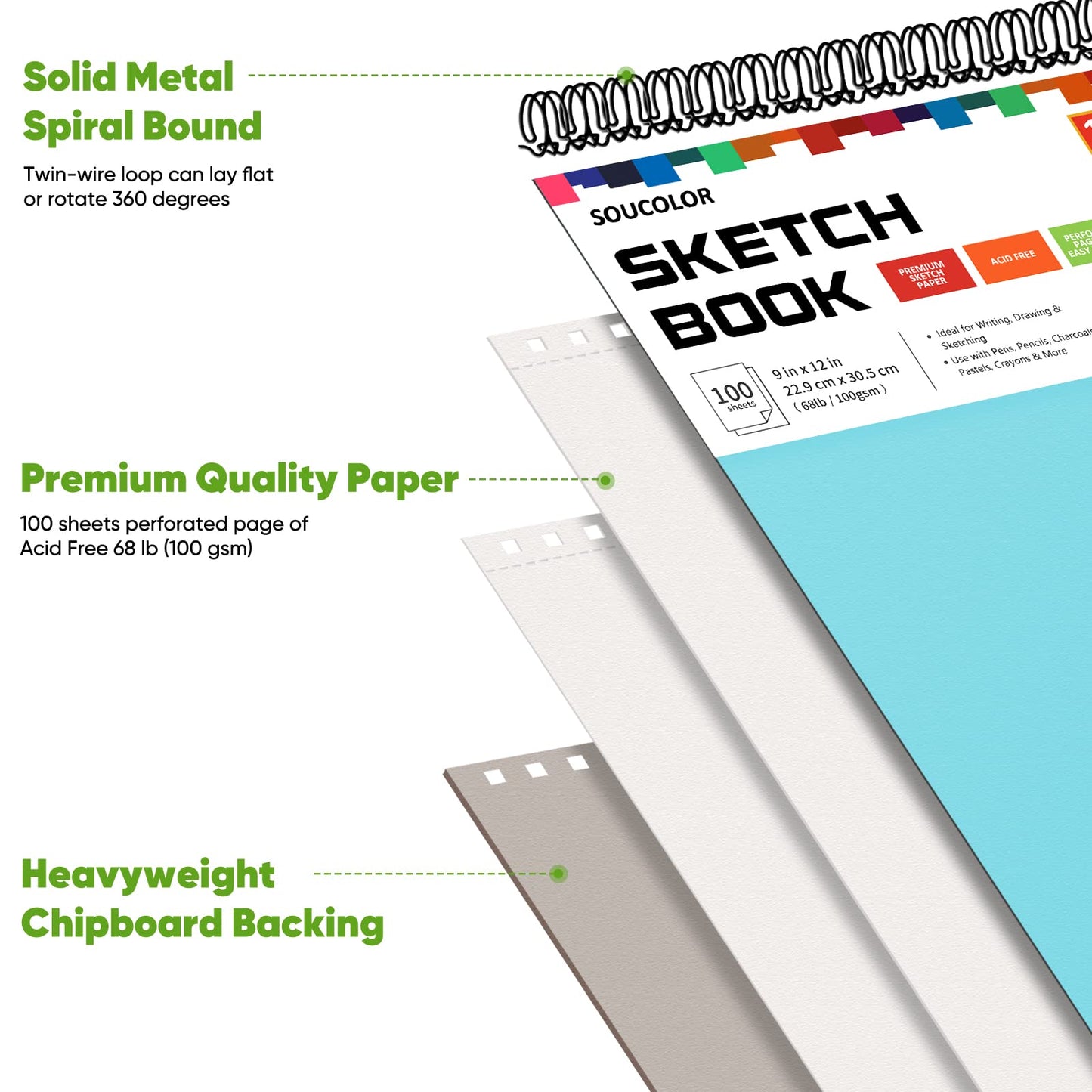 Soucolor Sketch Book 9" x 12", 100 Sheets Kids Art Sketchbook Drawing Pad