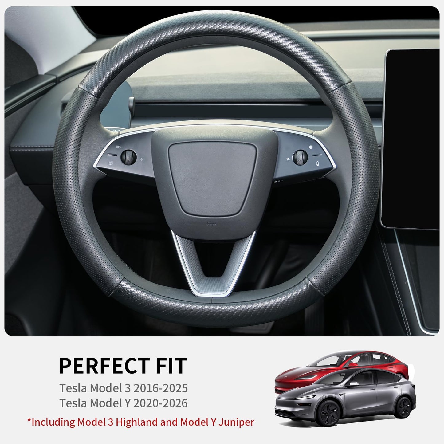 Uxcer Nappa Leather Steering Wheel Cover Compatible with Tesla Model 3/Y 2016-2025 2026 Juniper/Highland, Non-Slip Breathable Tesla Model 3/Y Steering Wheel Protector, White