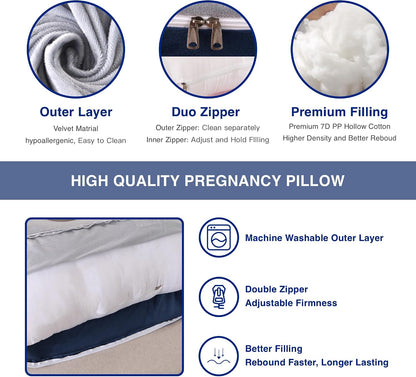 ALLOPERA Pregnancy Pillow, Full Body Maternity Pillow 57 inch, with Removable Washable Cover - Sleep Support for Legs, Back, Neck, Shoulder, HIPS, Belly, Velvet Cover-Grey-Dark Blue