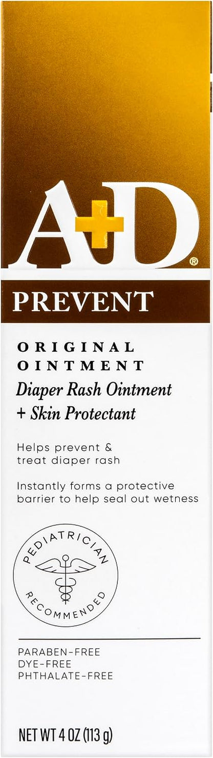 A+D Original Diaper Rash Ointment Prevents & Treats Diaper Rash, Moisturizing Skin Protectant with Vitamins A & D, Healing Skin Ointment for Dry and Cracked Skin 4oz