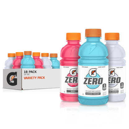 Gatorade G Zero Sports Drink, Glacier Cherry, Watermelon Splash, Apple Burst Variety Pack, 12 Fl Oz (Pack of 18)