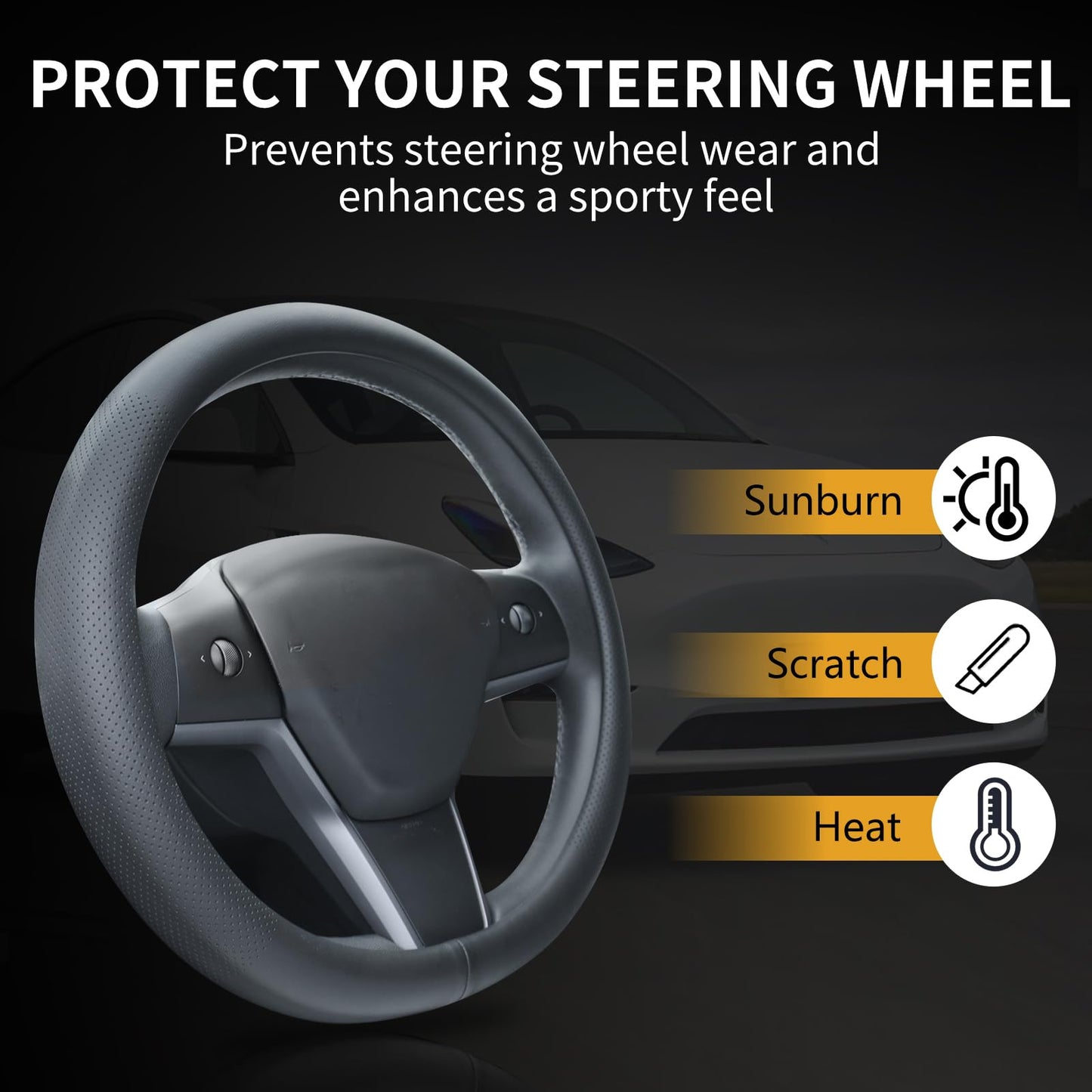 Uxcer Nappa Leather Steering Wheel Cover Compatible with Tesla Model 3/Y 2016-2025 2026 Juniper/Highland, Non-Slip Breathable Tesla Model 3/Y Steering Wheel Protector, White