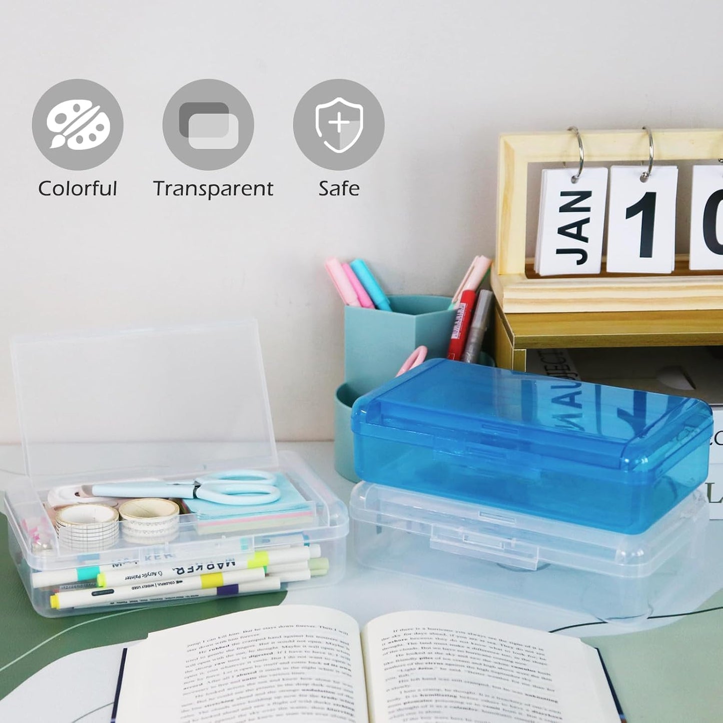 Double Layer Plastic Clear Hard Colored Pencil Box Case Pen Crayon Box