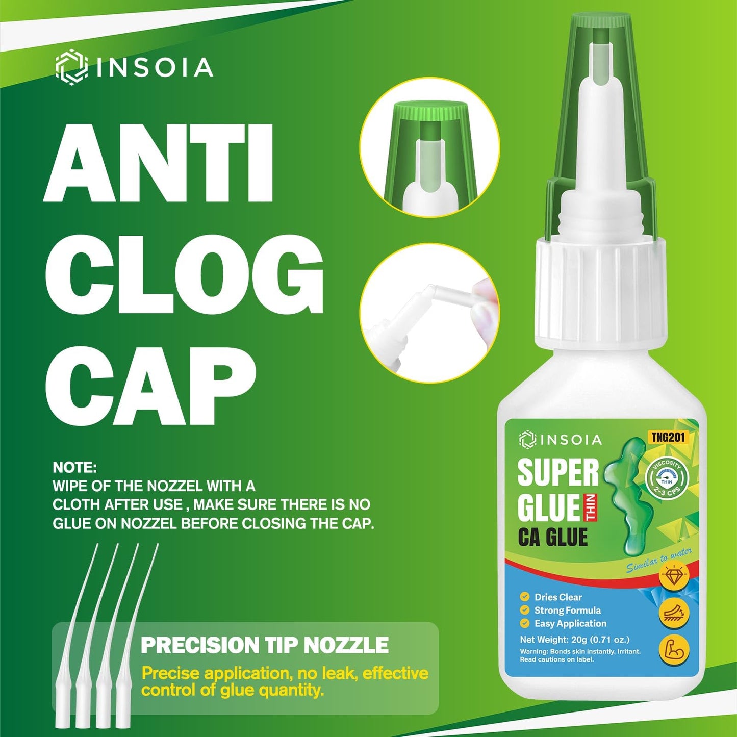 INSOIA Super Medium CA Glue, 20g, Strong Bond, with Precision Tips