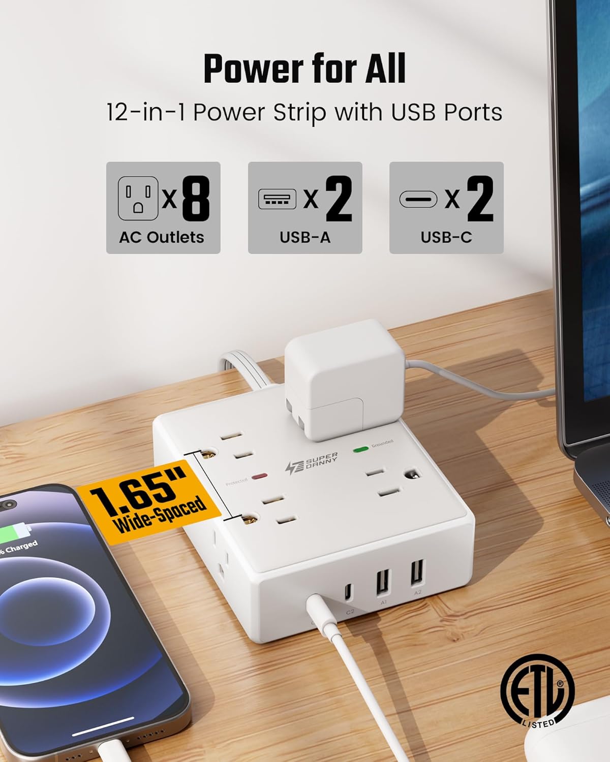 SUPERDANNY Extension Cord,Flat Plug Surge Protector Power Strip,6Ft