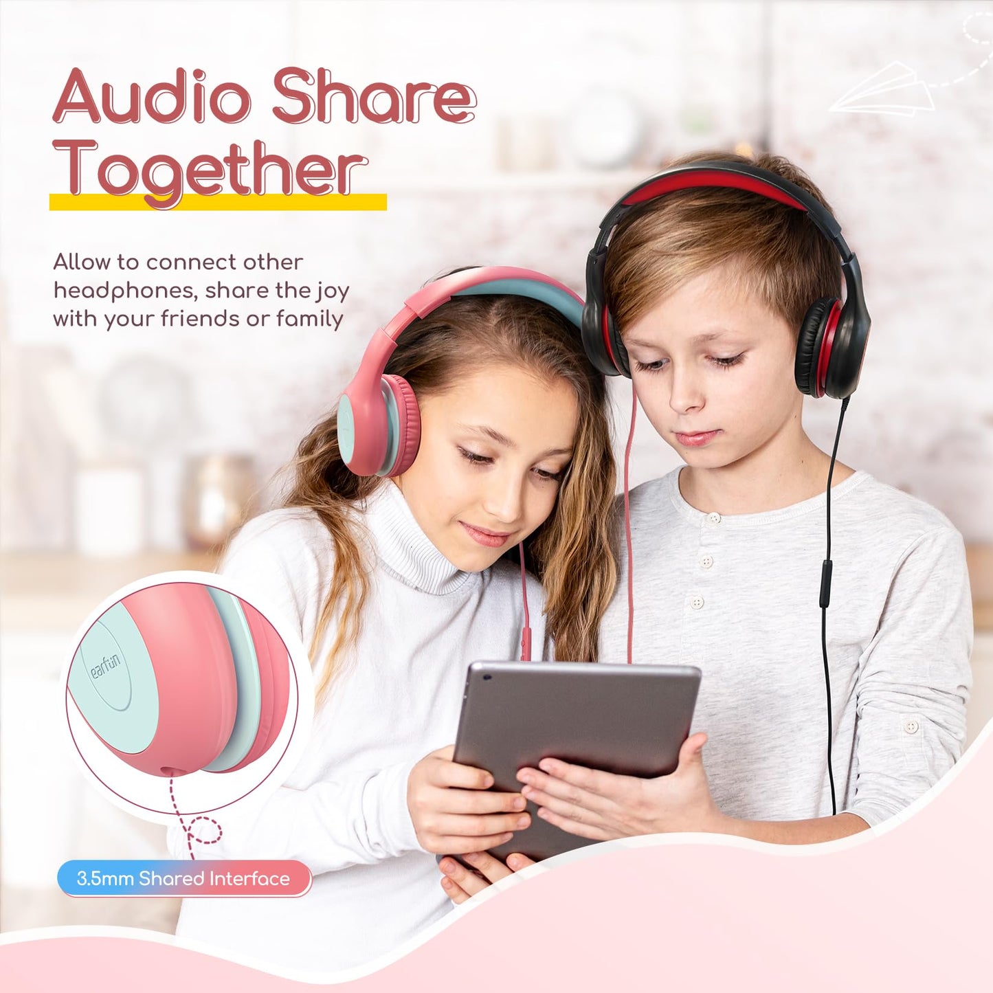 EarFun K1 Kids Headphones Wired with Mic, Volume Limit Headphones for Kids