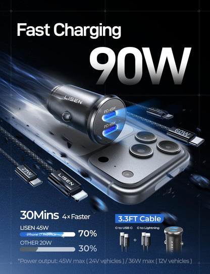 LISEN 90W USB C Car Charger USB C Fast Charge, 45W PD&QC 3.0 Fast Car Charger
