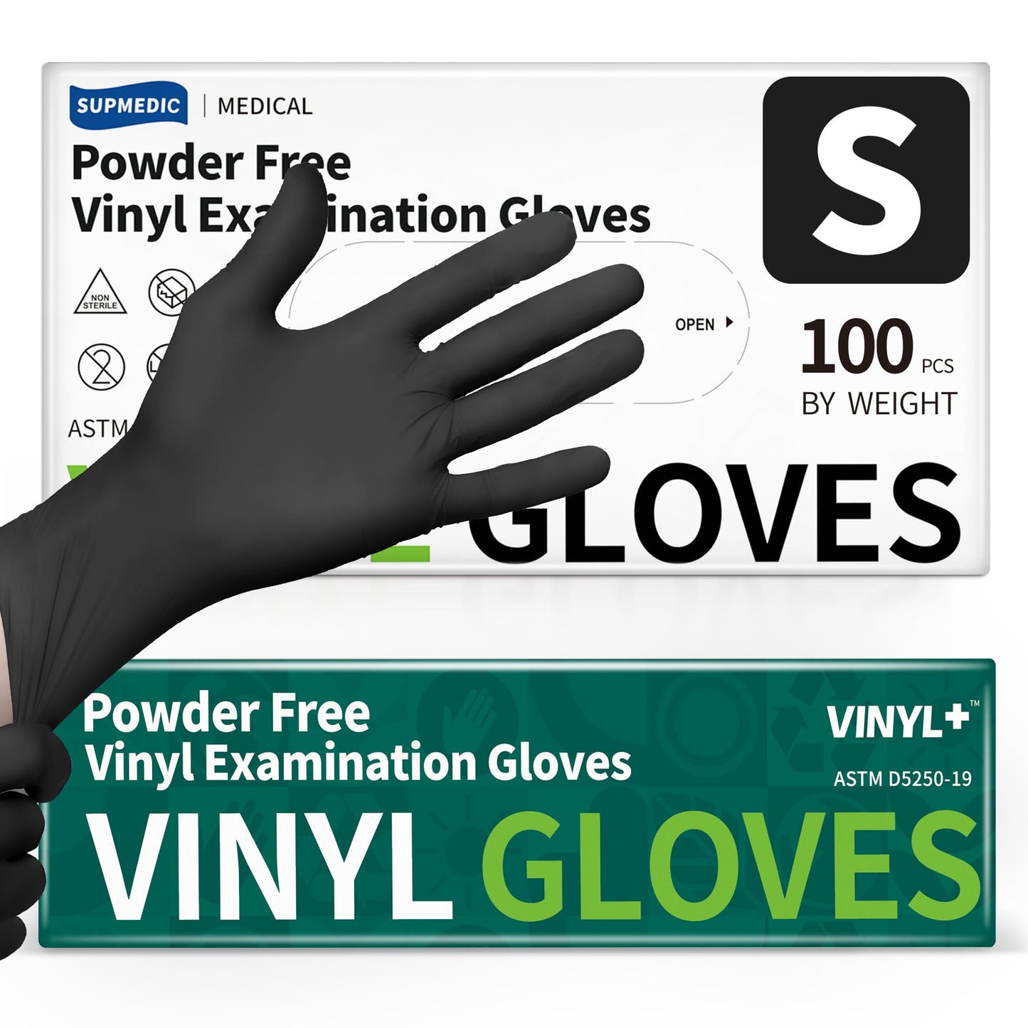 Supmedic Vinyl Disposable Exam Gloves, Black 4Mil Powder-Free Latex-Free Medical Food Safe Cooking Cleaning Glove 100 &1000Ct