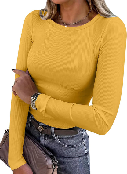 ANRABESS Women Long Sleeve Shirts Ribbed Fitted Tops