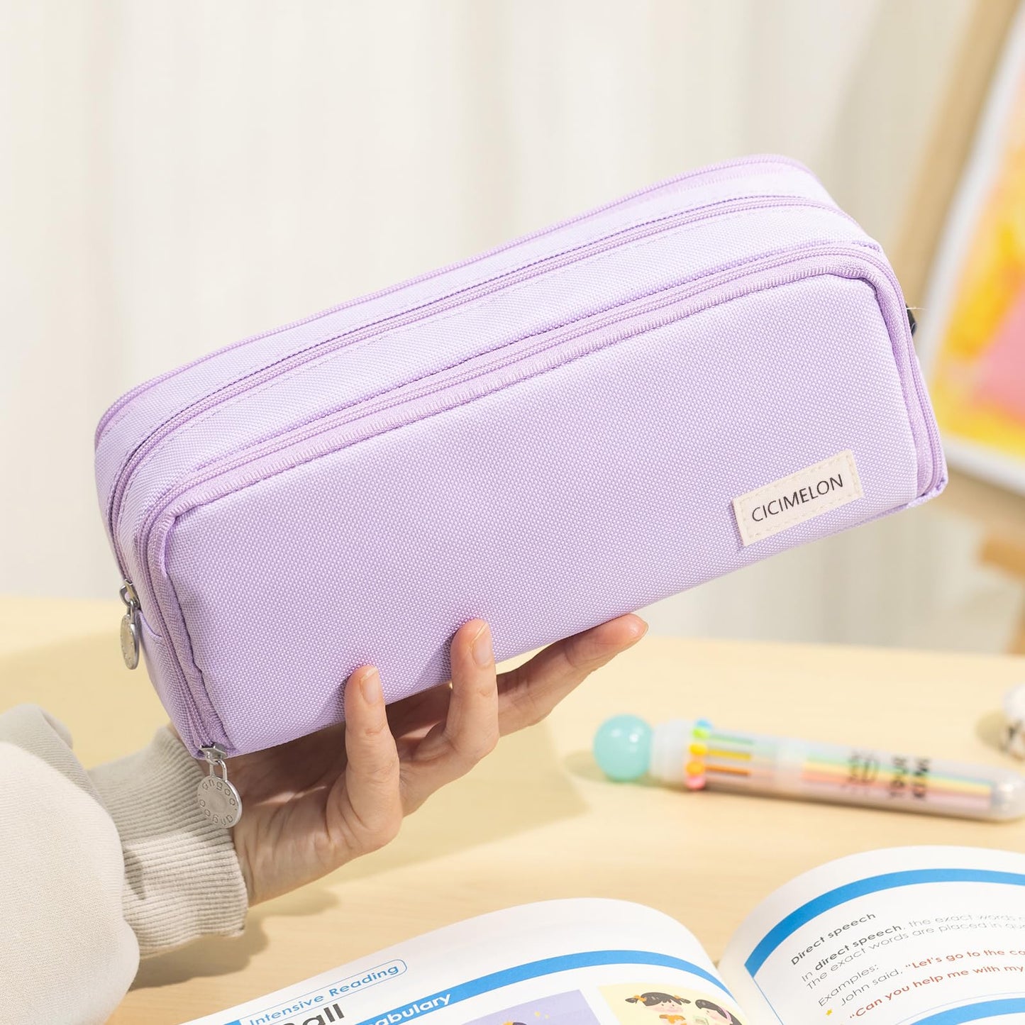 CICIMELON Large Capacity Pencil Case 3 Compartment Pouch Pen Bag for School Teen Girl Boy Men Women (Pink)