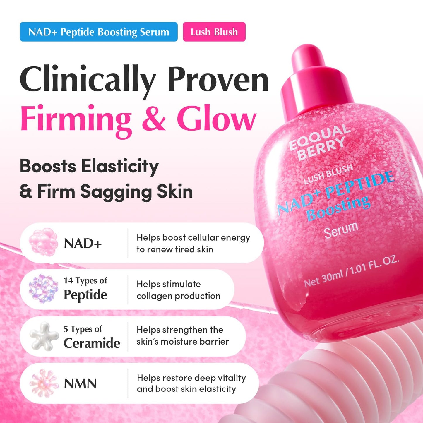 EQQUALBERRY NAD+ Peptide Boosting Serum | 14 Peptide Serum for Face, Neck & Body | Vegan Collagen & Pink Serum for Anti-Aging, Firming & Lifting | Korean Skincare (1.01 oz / 30ml)
