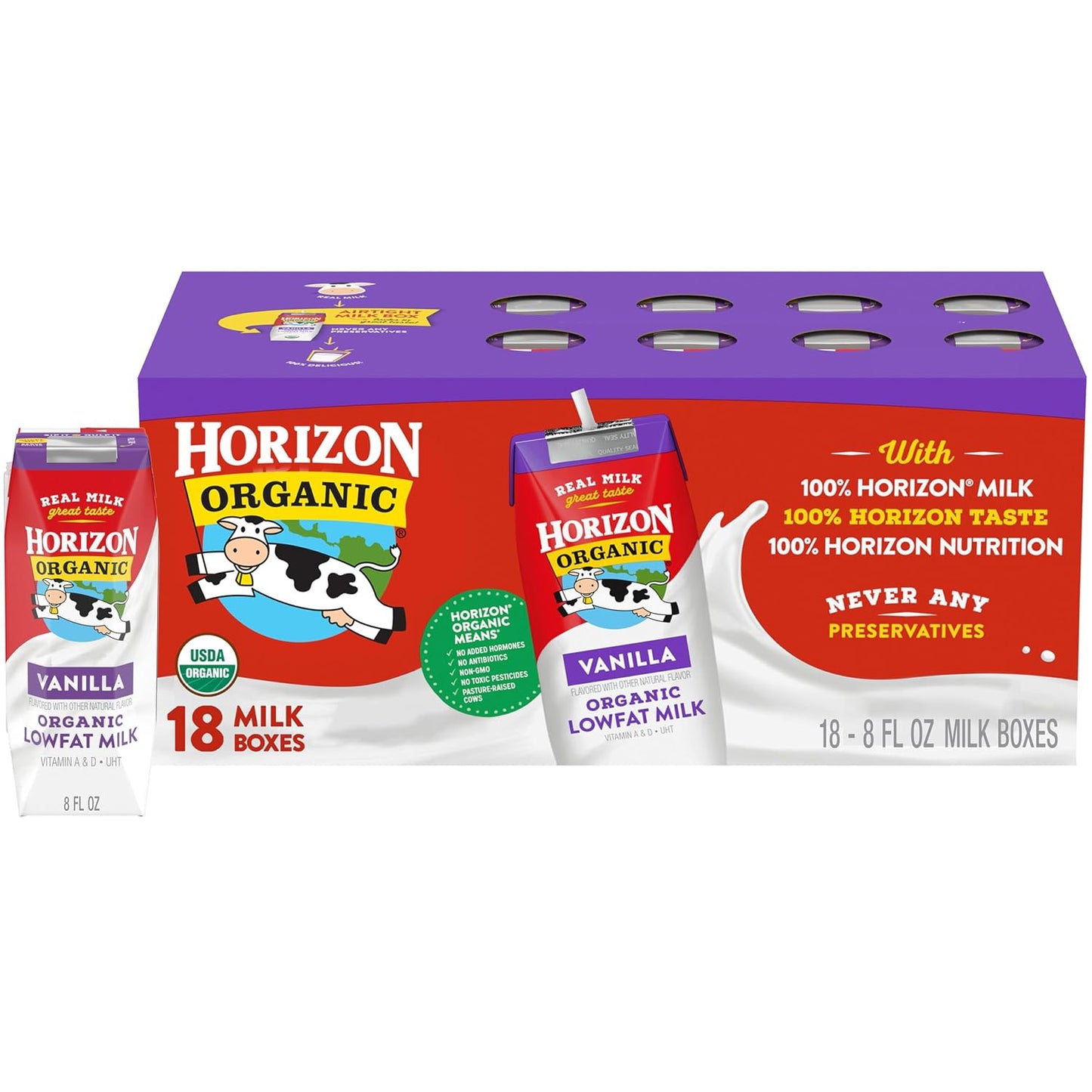 Horizon Organic Shelf Stable Whole Milk Boxes, Pack of 18-8g Protein per Serving