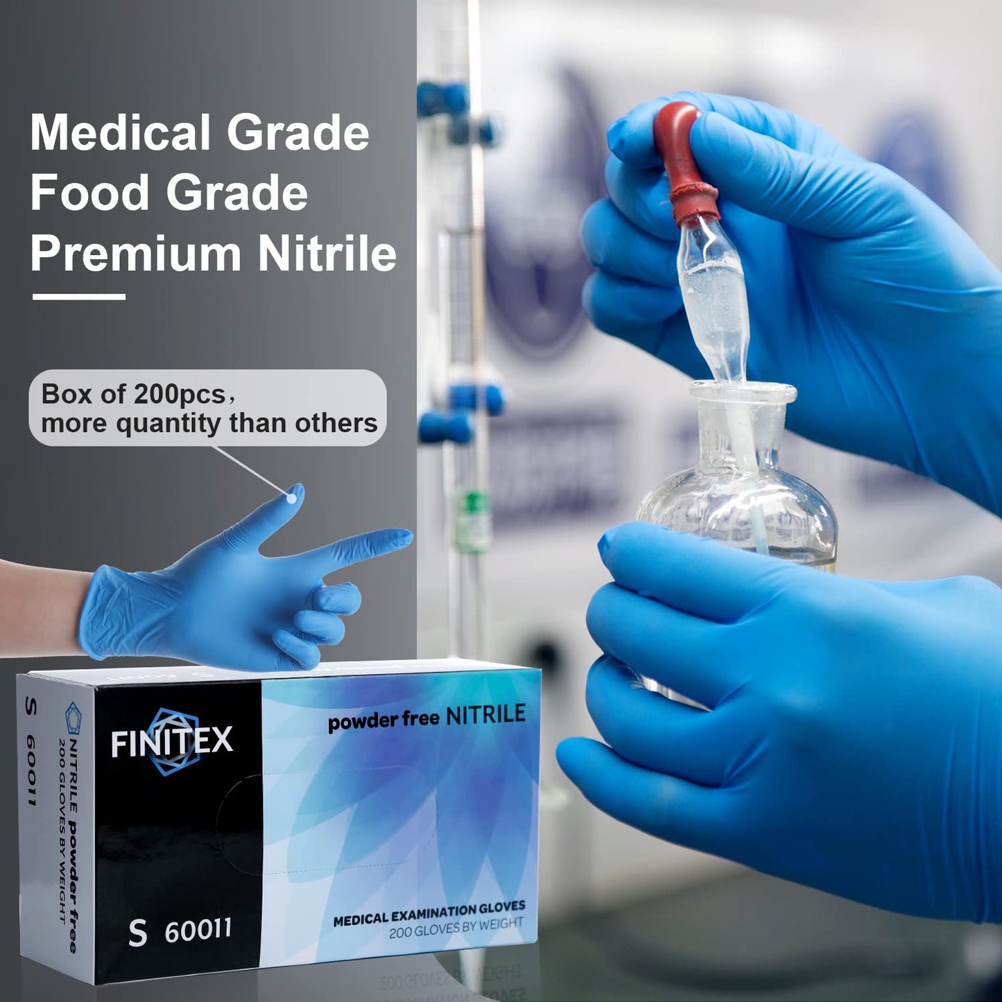 FINITEX Blue Disposable Nitrile Exam Gloves - 200 PCS/BOX 3.5mil Rubber Powder-Free Latex-Free Medical Cleaning Food Gloves