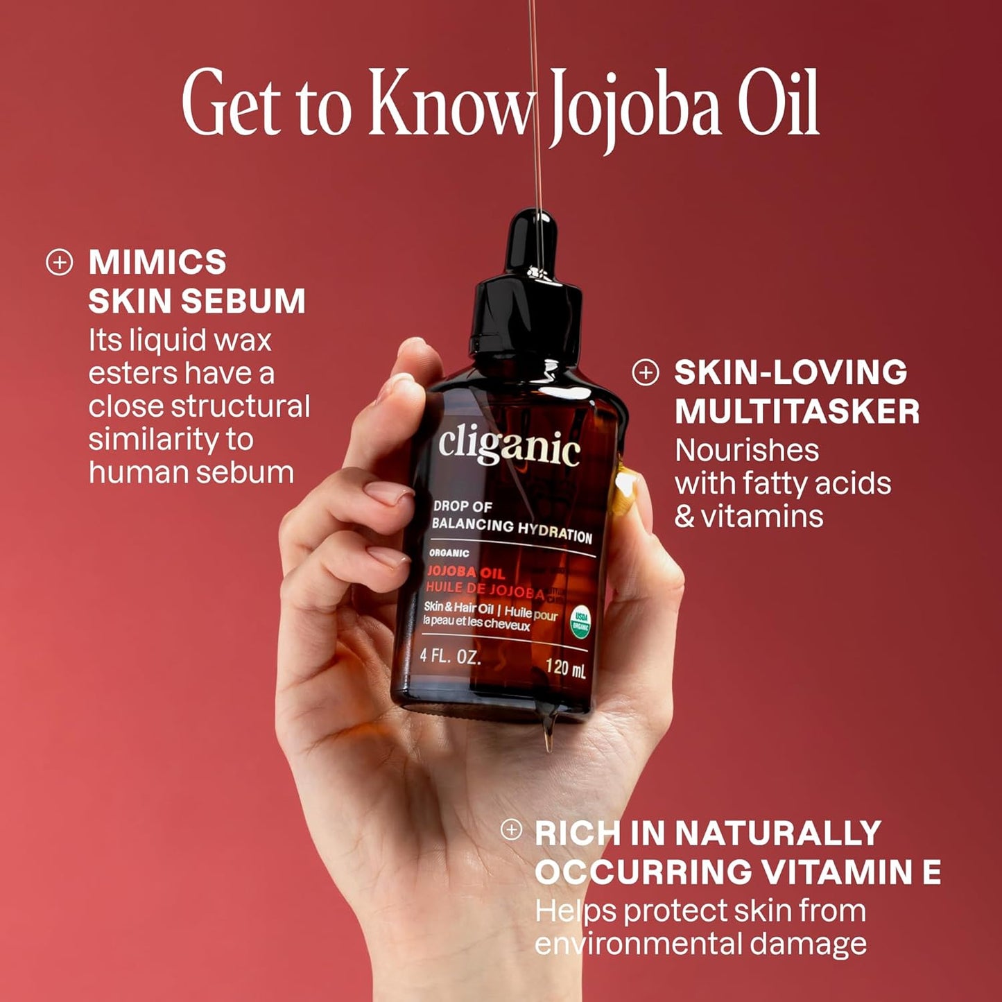 Cliganic Organic Jojoba Oil, 100% Pure Cold Pressed for Face & Hair, 4oz
