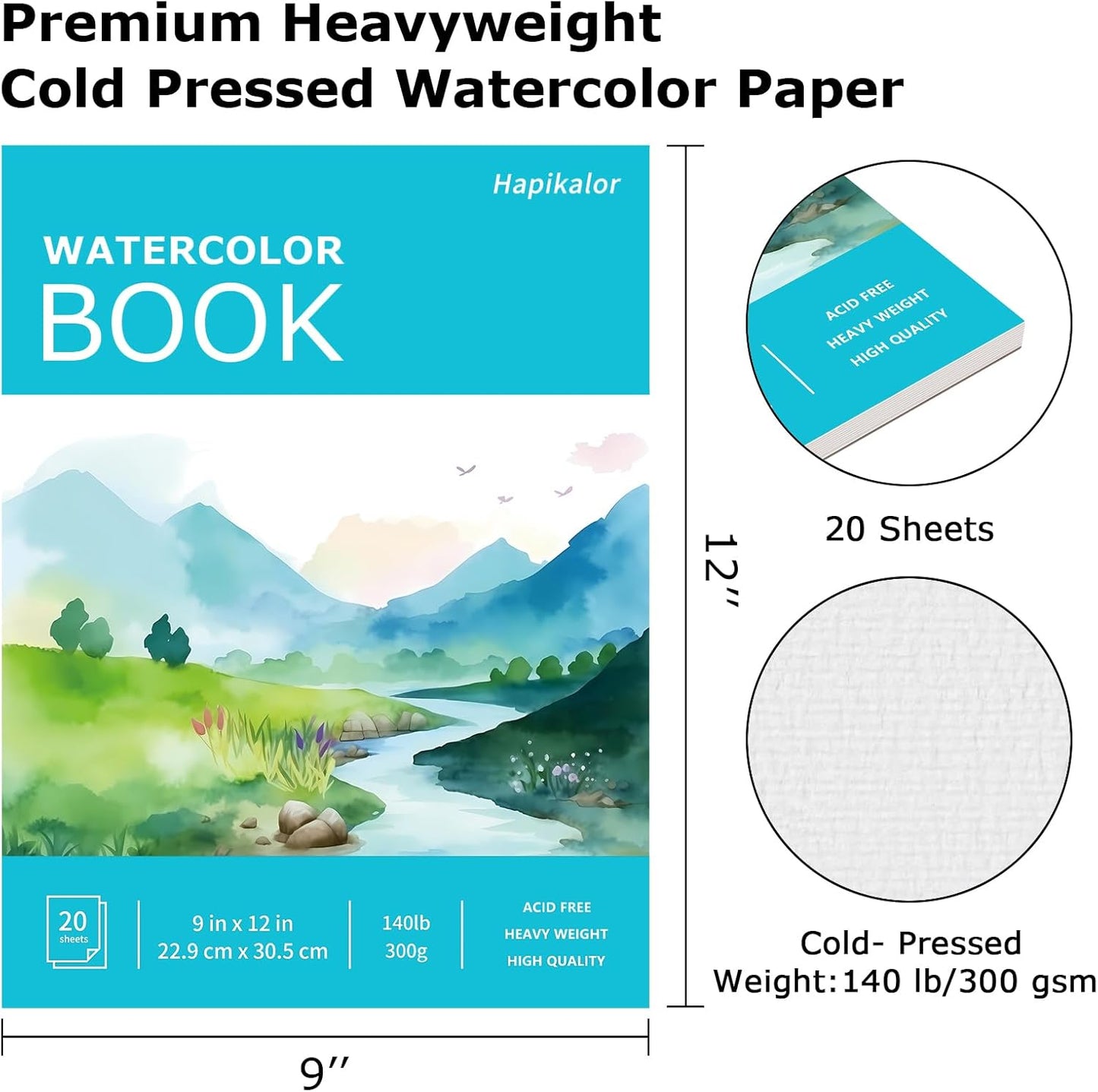 Hapikalor Watercolor Paper Pad, 9"x12" Water Color Paper, 140lb/300gsm Teal