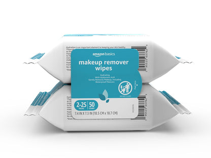 Amazon Basics Makeup Remover Wipes, Fragrance-Free, Alcohol-Free, Gentle Cleansing, Plant-Based, Dermatologist Tested, Removes Waterproof Mascara, Resealable, 25 Count, 1-Pack