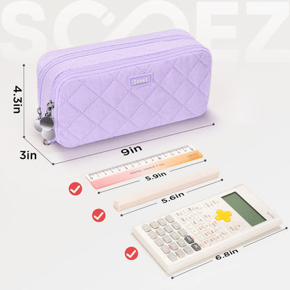 Sooez Large Pencil Case Pouch, Extra Big Pencil Bag with 8 Compartments, Pen Bag Wide Opening, Soft Quilted Pencil Pouch Organizer with Zipper, Portable Pencil Case for Teen Girls, Beige