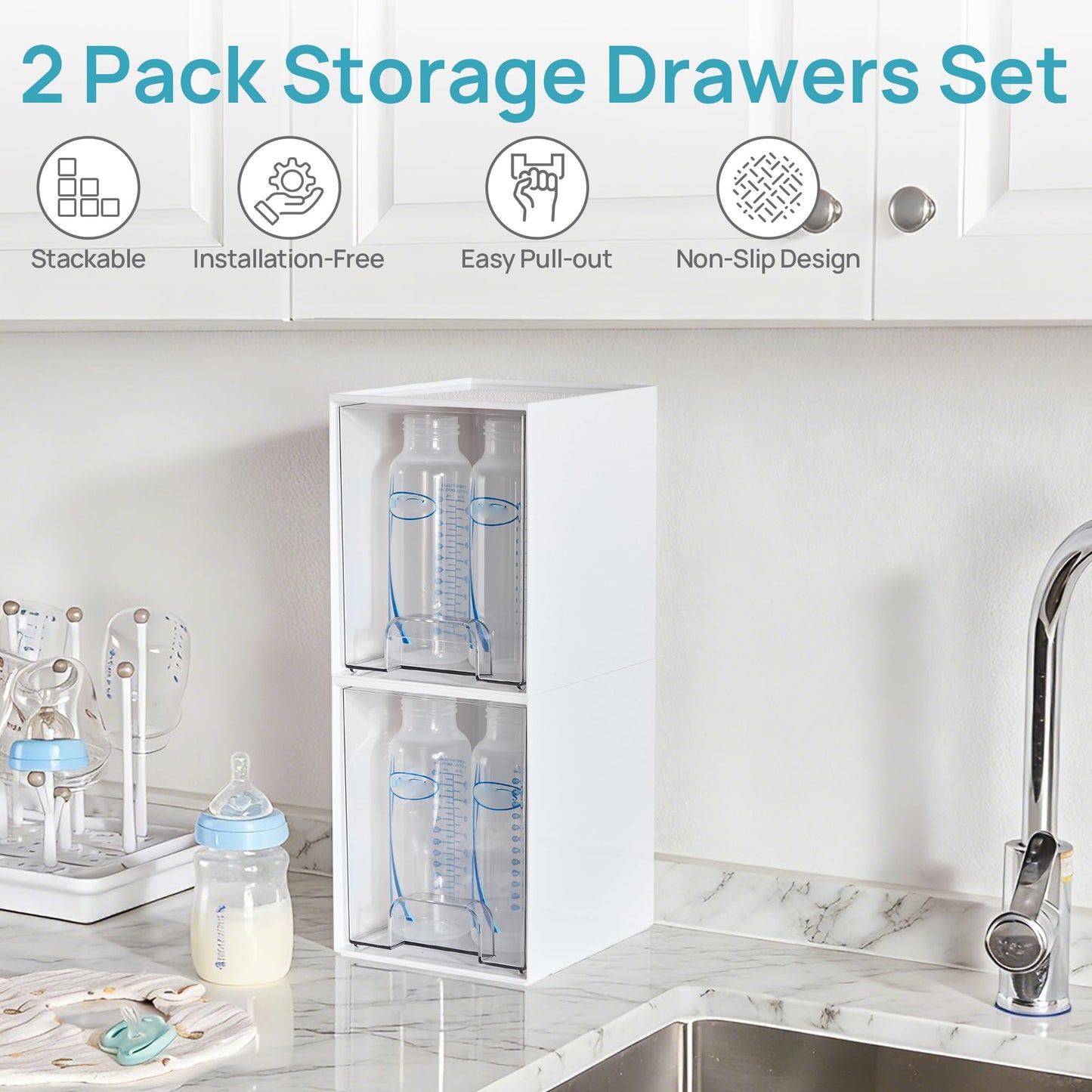Vtopmart 2 Pack Small Clear Stackable Storage Drawers for Desk, Countertop