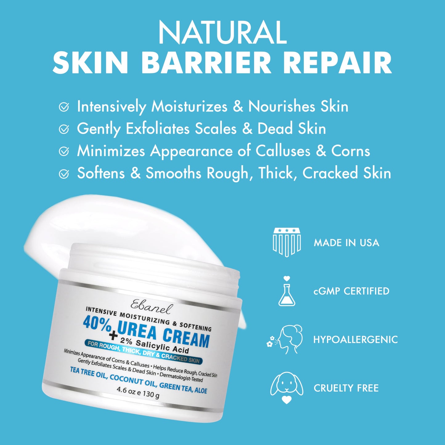 Ebanel Urea Cream 40% plus Salicylic Acid 2% for Dry Cracked Feet Skin, 2PK