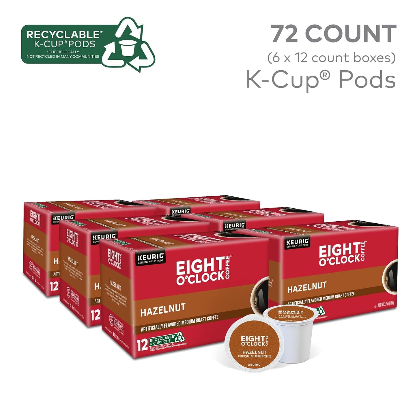 Eight O'Clock Coffee Hazelnut, Single-Serve Keurig K-Cup Pods, Flavored Medium Roast Coffee Pods, 96 Count