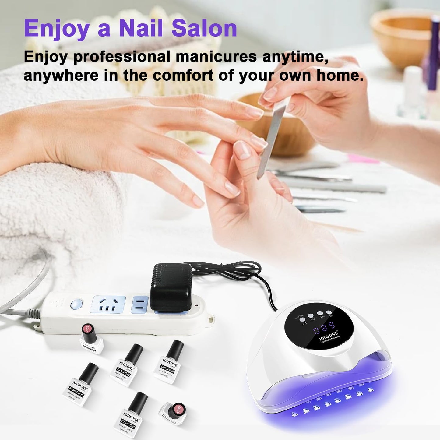 JODSONE U V LED Nail Lamp with Base Coat Top Coat Set, Nail Dryer for Gel Polish for Nails with Automatic Sensor & 4 Timers