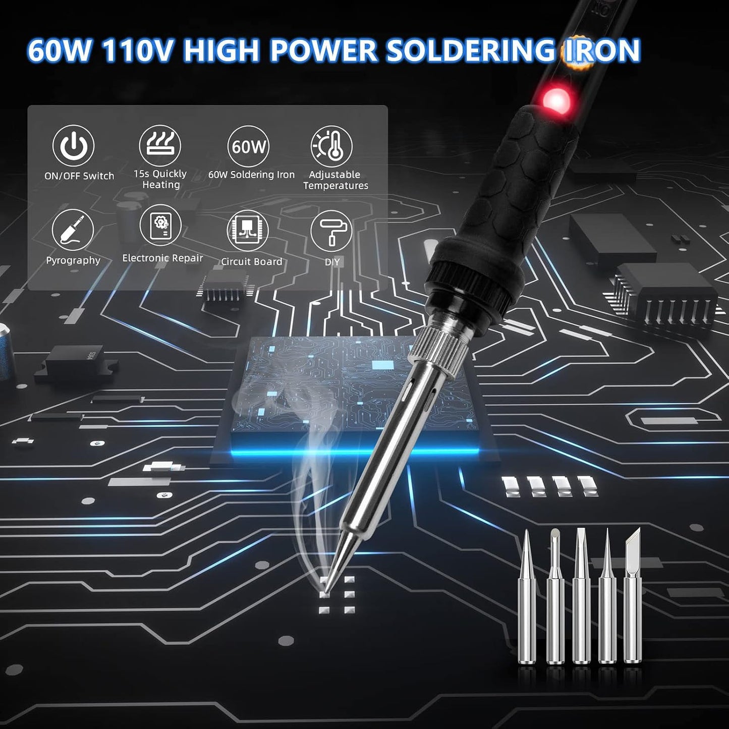 Soldering Iron, 60W 110V Adjustable Temperature Soldering Iron Pen, Portable Welding Tool, Fast Heating, for Electronic Repair, Jewelry, DIY