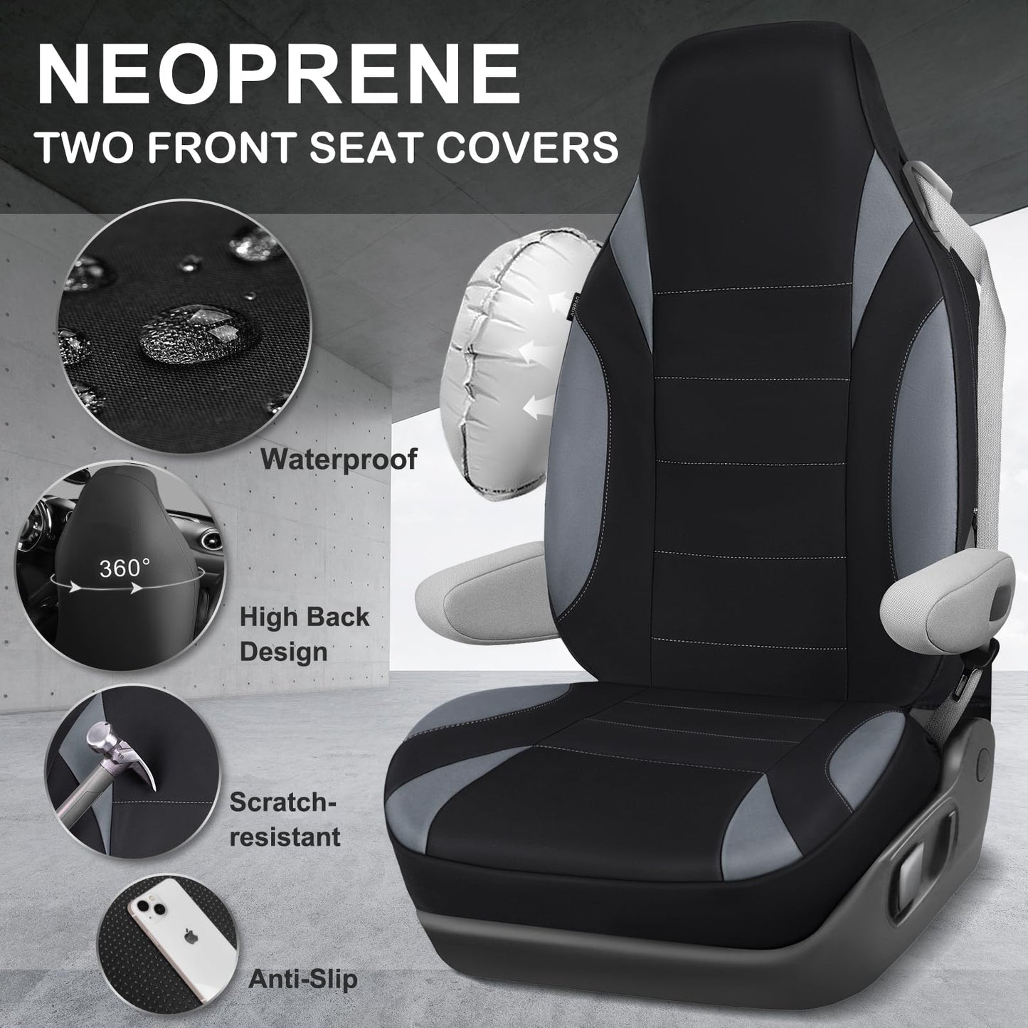 CAR PASS Waterproof Car Seat Covers Front Seats Only with 5mm Composite EVA, Neoprene Car Seat Cover with Separate Headrest Cover, Quick Setup Universal Fit for Car SUV Trucks,Airbag Compatible（Gray