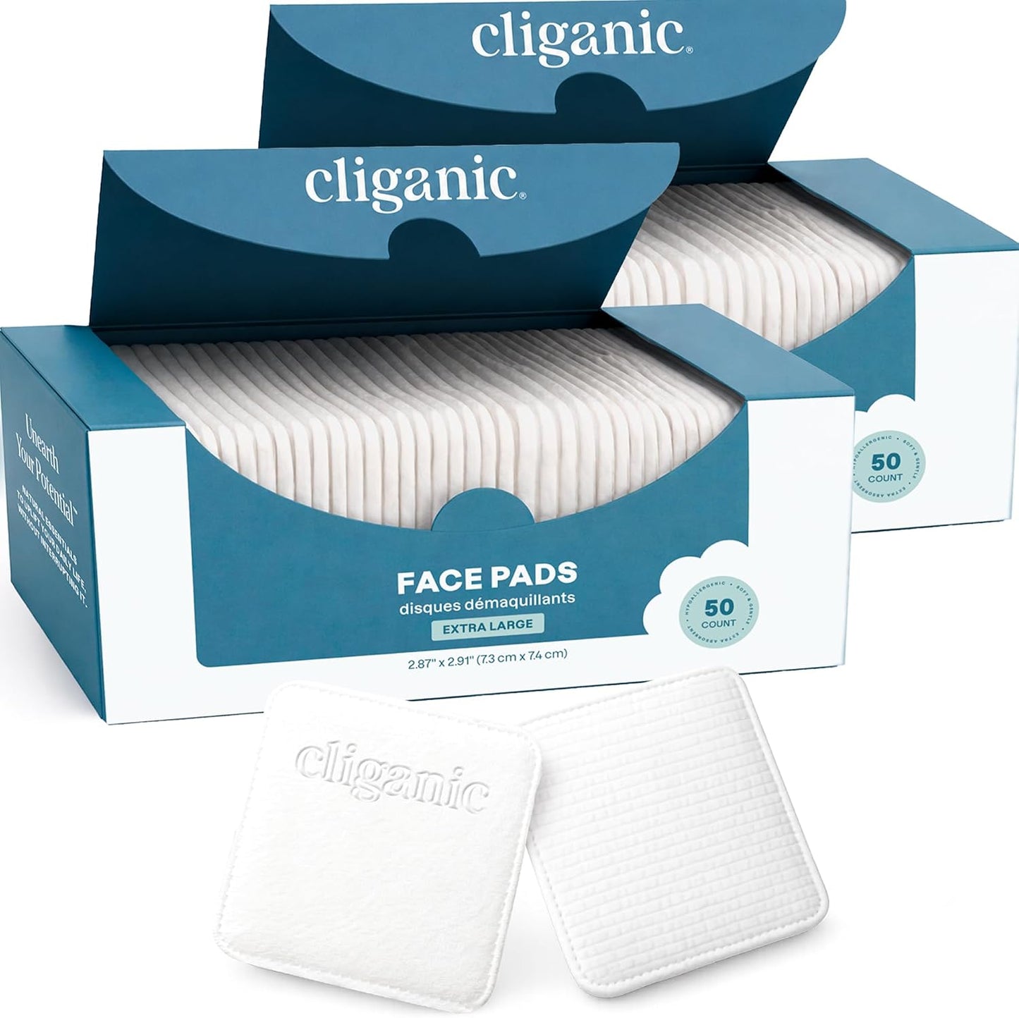 Cliganic Extra Large Face Pads (100 Count) - Soft, Extra Absorbent, Ultra Durable, Hypoallergenic, For Makeup, Nail Polish & Daily Buildup Removal, Toner & Cleanser Application, Dual Sided & Lint-Free
