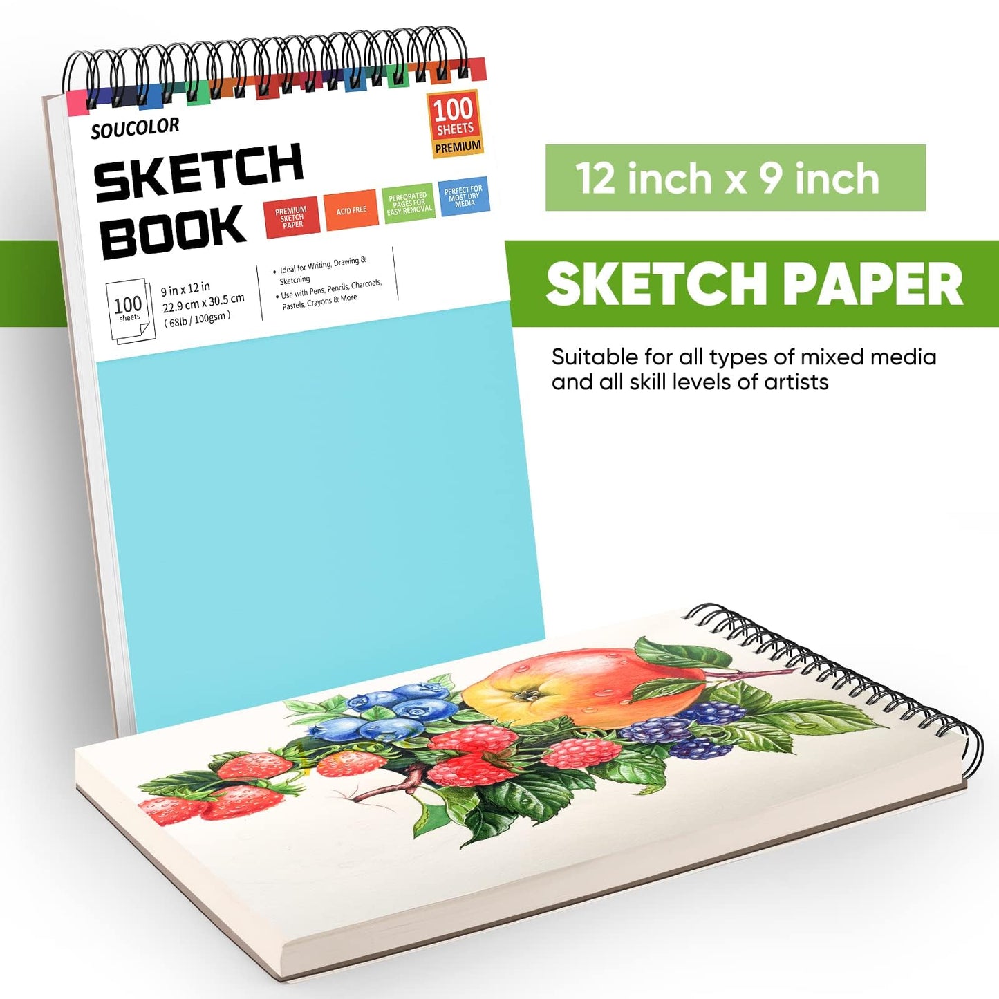 Soucolor Sketch Book 9" x 12", 100 Sheets Kids Art Sketchbook Drawing Pad
