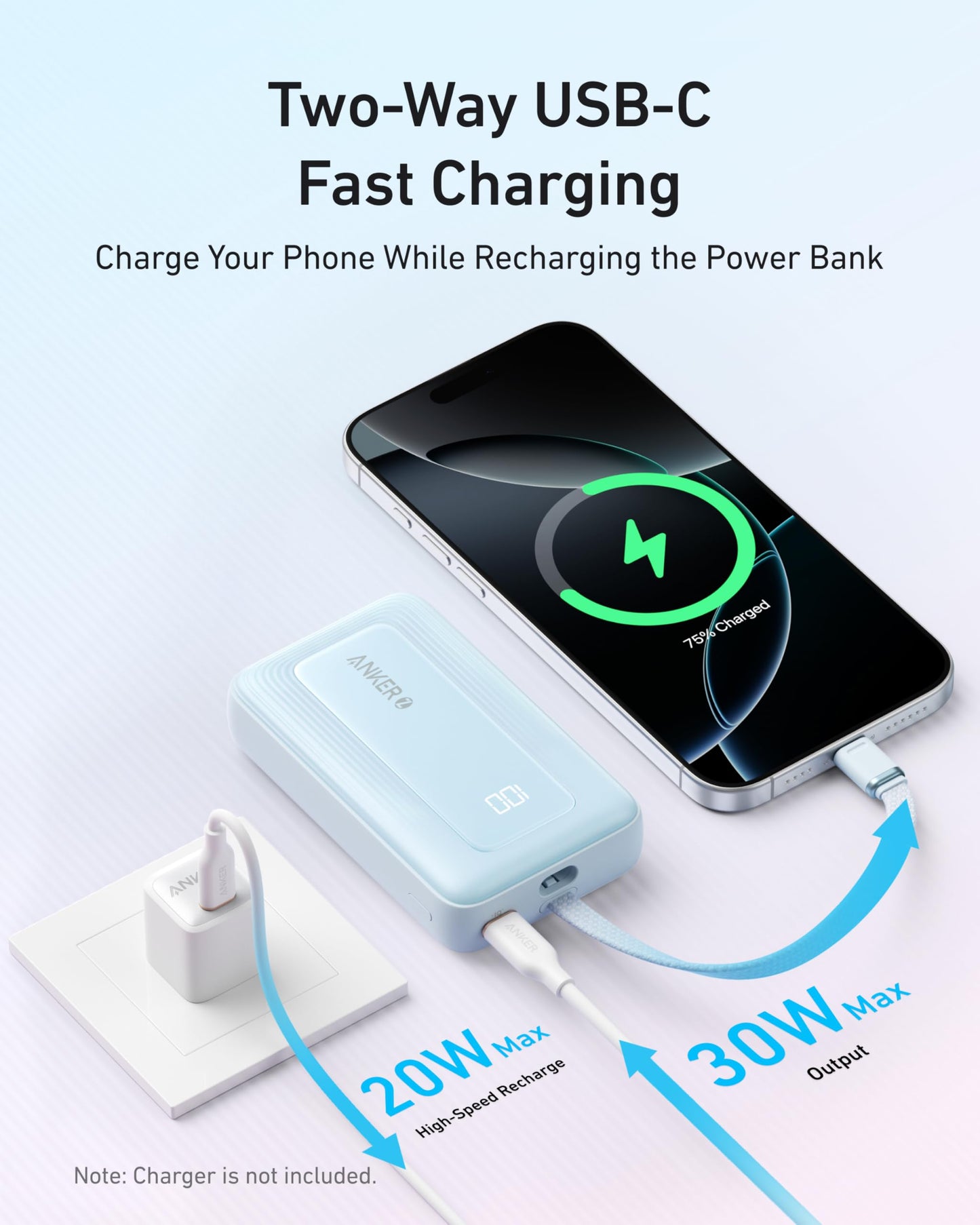 Anker Zolo Power Bank,20,000mAh 30W Portable Charger with Built-in USB-C