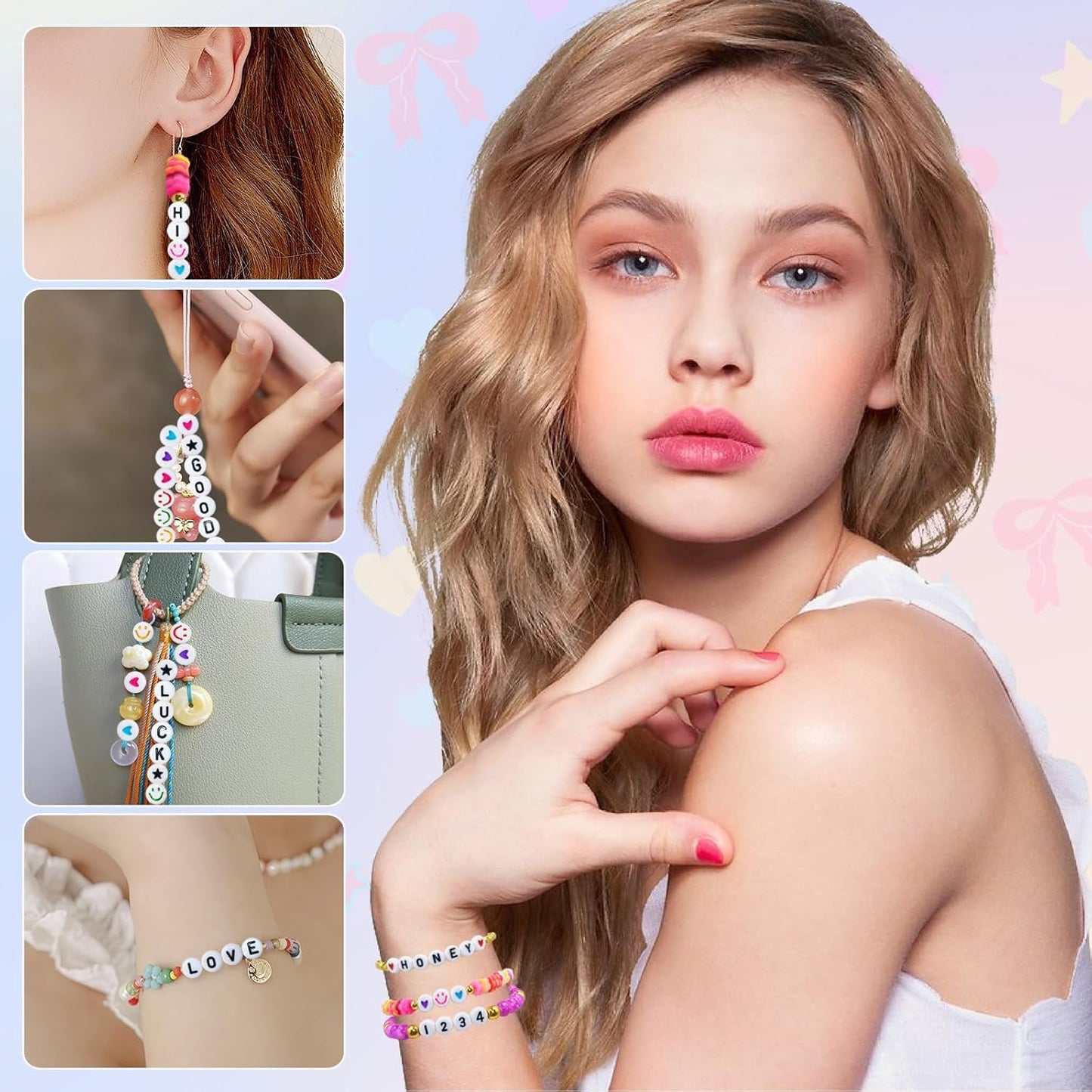Looconi 810pcs Gold Letter Beads Square 6x6mm White Cube Acrylic Alphabet A-Z with Heart Pattern and Crystal Line for Jewelry Making
