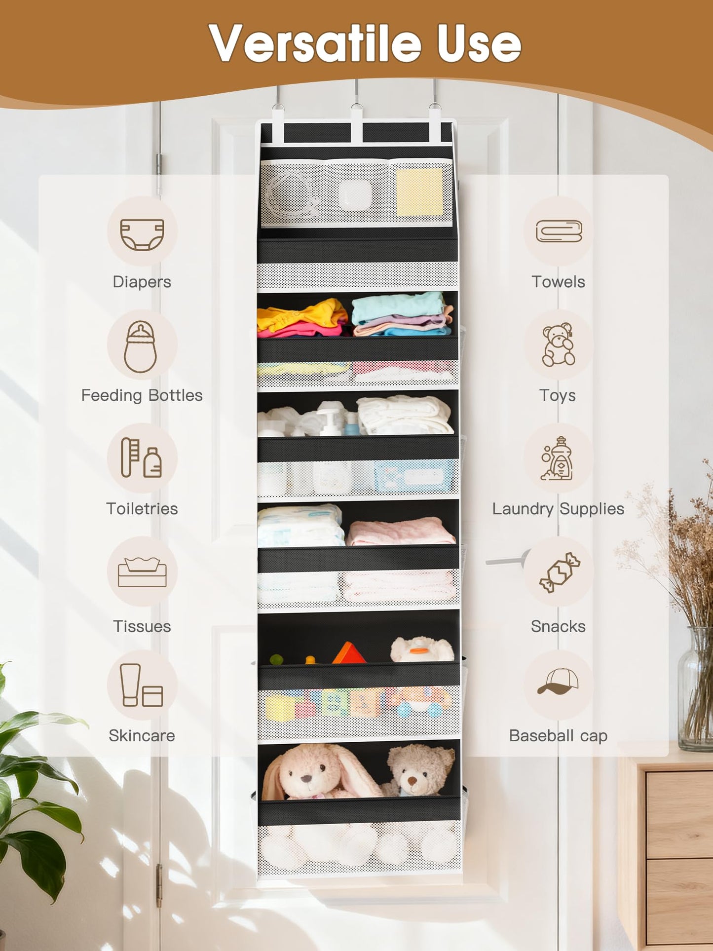 Criusia Over the Door Organizer, Heavy-Duty 6-Shelf Hanging Storage with 13 Mesh Pockets, 55lbs Capacity Behind the Door Storage for Nursery, Bathroom, Bedroom, and Dorm, White