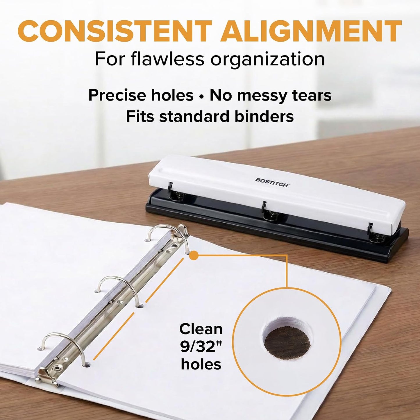 Bostitch Office Premium 3 Hole Punch, 12 Sheet Capacity, Metal, Rubber Base, Easy-Clean Tray, Silver